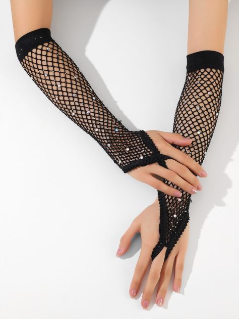 Emo Cloth, Emo Aesthetic Outfit, Alt Fits, Fishnet Gloves, Emo Aesthetic, Bridal Gloves, Artist Outfit, Rhinestone Decor, Black Party