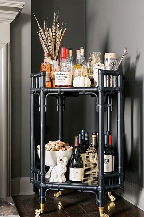 Bar cart styling ideas with new Nate Berkus for Target additions, @waitingonmartha #sponsored #mynateberkus Black Bar Cart, Diy Bar Cart, Black Chairs, Cart Ideas, Gold Bar Cart, Outside Bars, Bar Cart Styling, Bar Black, Bar Cart Decor