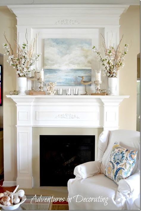 Romantic House Decor, Spring Mantle Decor, Summer Mantel, Spring Mantle, Mantle Mirror, Fireplace Mantle Decor, Fireplace Mantel Decor, Coastal Living Rooms, Fireplace Makeover