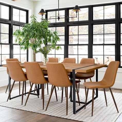 Bernabeu 9 - Piece Dining Set 8 Person Dining Table, Brown Leather Chairs, Dining Table Sets, Faux Leather Chair, Midcentury Modern Dining Chairs, Solid Wood Dining Set, Pine Table, Table Sets, Mid Century Dining