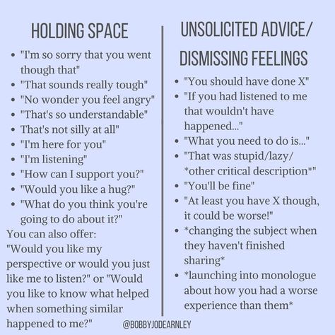 ⋆✧ Bobby-Jo Dearnley ✧⋆ on Instagram: “[this post is part 2, yesterday's post describes what the term holding space means and how it impacts our relationships to choose this…” Coping Skills, How To Listen, Unsolicited Advice, Holding Space, Les Sentiments, Mental And Emotional Health, What’s Going On, Social Emotional, Mental Health Awareness