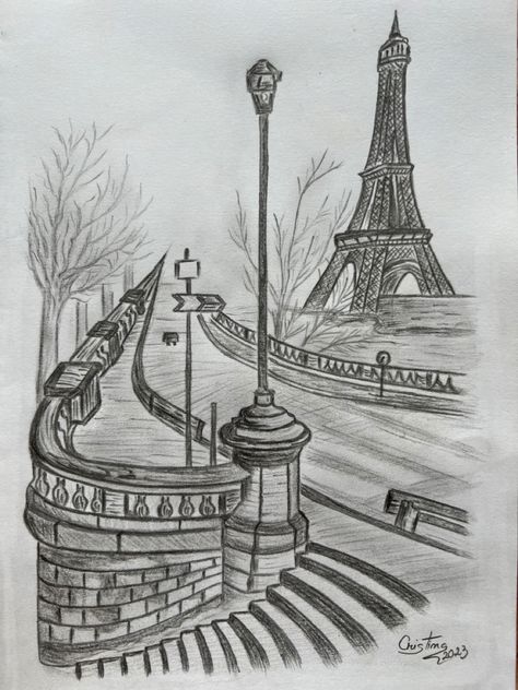 Sketching Scenery Pencil, How To Draw Effiel Tower, Paris Tower Drawing, France Drawing Sketches, Scenery Art Drawing, Sketch Ideas Scenery, Drawing Places Sketches, Nature Sketches Pencil Inspiration, Eifell Tower Draw