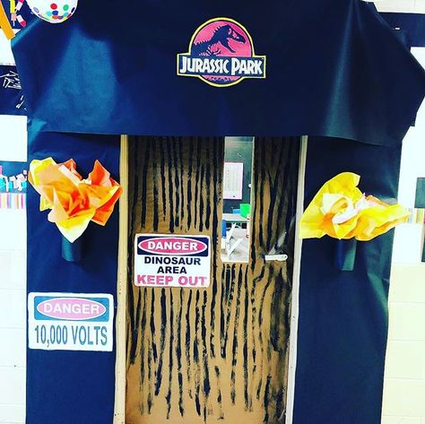 Tomorrow my Paleontologists are putting their skills to the test in Jurassic Park. #DinoDay #iteachk #setthestagetoengage Jurassic Park Door Decoration, Jurassic Park Classroom Door, Jurassic Park Room Transformation, Jurassic Park Classroom Transformation, Jurassic Park Classroom, Decorating Classroom, Dinosaur Classroom, Dinosaur Lesson, Jurassic Park Poster