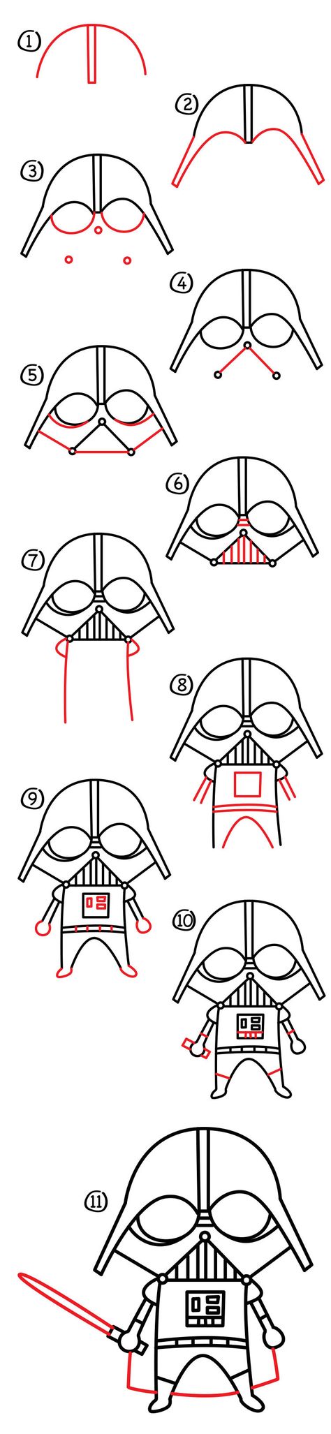 Learn how to draw a cartoon Darth Vader! For this activity you’ll need something to draw with and paper. You’ll also need something to color with, we used colored pencils (black, red and blue…we also used white for blending). After you’re done drawing Darth Vader, be sure to draw Princess Leia too. Also check out our other … Darth Vader Doodle, How To Draw Darth Vader, How To Draw Star Wars, Cartoon Darth Vader, Star Wars Zeichnungen, Darth Vader Drawing, Trin For Trin Tegning, Darth Vader Art, Art For Kids Hub