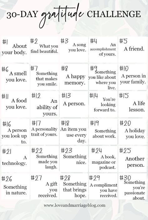 30-Day Gratitude Challenge To Be a Happier You - Love and Marriage 3 Good Things A Day, How To Write Gratitude, May Gratitude Challenge, 30 Days Love Yourself Challenge, Gratitude 30 Day Challenge, How To Write A Gratitude Journal, Gratitude Journal Challenge, Bujo Challenge 30 Day, Mindfulness Challenge 30 Day