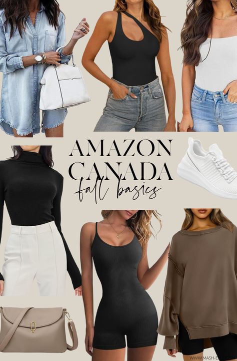 The top Amazon Canada fall fashion under $50. All the Tik Tok viral styles! Fall boots, vest, turtleneck crop top, gold hoop earrings, high waisted pants, crossbody bag, black sunglasses, workout tops, low heel, trenchcoat, ankle boots, shacket and more! The best Canadian Amazon fashioon picks. #AmazonCanada #CanadaStyle Canada Amazon Finds, Amazon Basic Tops, Canadian Outfits Summer, Amazon Canada Fashion Finds, Amazon Canada Finds, Amazon Canada Fashion, Fall Outfits 2024, Amazon Basics Clothing, Amazon Wardrobe