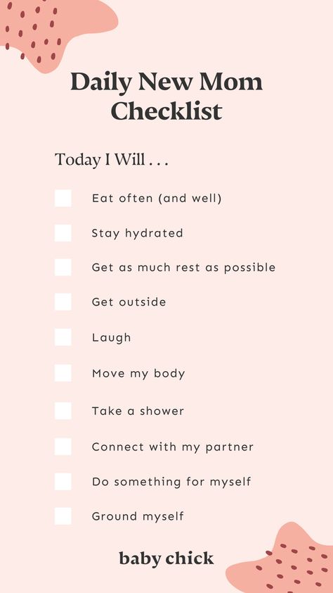 Daily New Mom Checklist from Baby Chick Maternal Mental Health, Mom Checklist, Mom Challenge, Metabolic Conditioning, Fourth Trimester, Pregnancy Hormones, Ab Routine, Daily Checklist, Ab Work