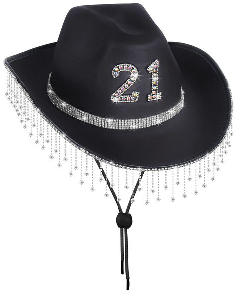 PRICES MAY VARY. 😻【Funny 21st Birthday Gifts】 - You can start by wearing this 21st black cowboy hat, a glitter black cowgirl hat with a special shiny rhinestone, perfect for 21st Birthday party decorations. ✔️【One Size Fits All】- This cowgirl hat is 1 size fits all to accommodate a standard adult female ( Head Circumference-54CM/22.4IN ). can be used by almost teen and adult, suitable for women and men, and will provide you with a pleasant wearing experience. ✨【Perfect For 21st Birthday】 our 21 21 Birthday Outfit, Birthday Personality, Black Cowboy Hat, Black Cowgirl, 21st Birthday Decorations, Birth Day, Cowgirl Birthday, Black Cowboy, Stylish Party