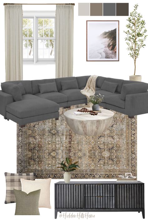 Living room mood board with sectional sofa Gold Blue And Grey Living Rooms, Tan Rug With Grey Couch, Black And Grey Rug Living Room, Brown Rug Grey Couch, How To Style A Brown Sectional, Rug With Dark Couch, Living Room Style 2023, Family Room Design Dark Couch, Dark Gray Couch And Rug