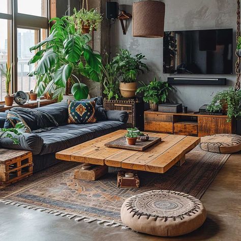 21+ Boho Industrial Living Room Ideas for the Modern Home • 333+ Images • [ArtFacade] Boho Men Living Room, Boho Meets Industrial Living Rooms, Rustic Boho Living Room Decor Vintage, Industrial Boho Home Decor, Boho Condo Living Room, Mid Century Modern Industrial Living Room, Industrial Boho Apartment, Industrial Eclectic Interior Design, Boho Large Living Room