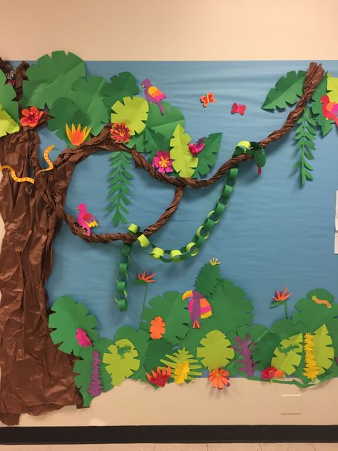 South America Classroom Decorations, Ideas For Board Decoration, Rainforest Bulletin Board, Jungle Theme Classroom Decorations, Tea Party Table Decorations, Tropisk Fest, Rainforest Classroom, Jungle Vbs, Pink Princess Birthday Party