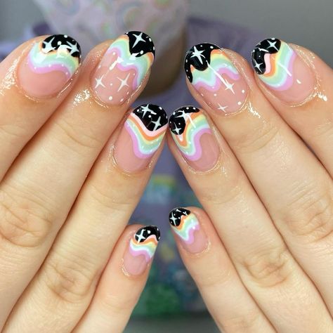 Rainbow Heart Nail Art, Trippy Rainbow Nails, Rainbow Galaxy Nails, Love Is Love Nails, Rainbow Halloween Nails, Pastel Space Nails, Quirky Nail Designs, Rainbow Design Nails, Non Binary Nails