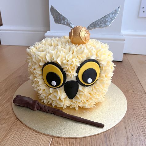 Hedgewig Owl Harry Potter Cake, Snitch Birthday Cake, Birthday Cake Ideas Harry Potter, Golden Snitch Birthday Cake, Harry Potter Birthday Cake Buttercream, Happy Potter Cake, Hedwig Cake Birthday, Harry Potter Unicorn Cake, Harry Potter Ice Cream Cake