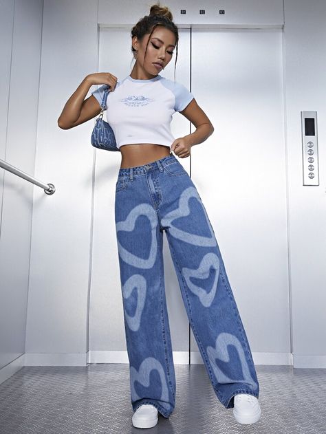 Free Returns ✓ Free Shipping On Orders $49+ ✓. High Waist Heart Print Wide Leg Jeans- Women Jeans at SHEIN. Populaire Outfits, Shein Outfits, Cute Outfits For School, Modieuze Outfits, Simple Trendy Outfits, Swaggy Outfits, Indie Outfits, Really Cute Outfits, Cute Simple Outfits