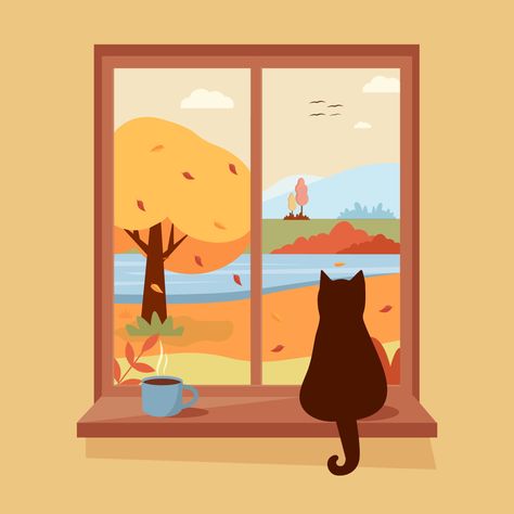 Cute Window Illustration, Window Sill Illustration, Cat Window Illustration, Cozy Cat Drawing, Window View Painting Easy, View From Window Drawing, Cat Sitting On Window Sill, Minimal Mural, Windows Illustration