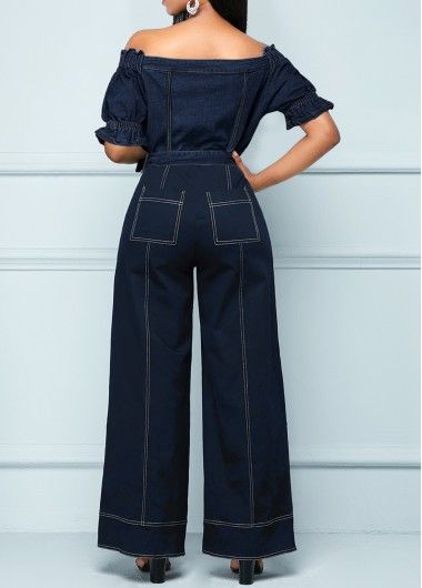 Button Belted Navy Long Off Shoulder Jumpsuit | Rosewe.com - USD $38.98 Long Denim Shorts, Denim Shorts Outfit, Trendy Jumpsuit, Off Shoulder Jumpsuit, Rompers Online, Night Wedding, Party Dinner, Jumpsuit Outfit, Jumpsuits And Romper