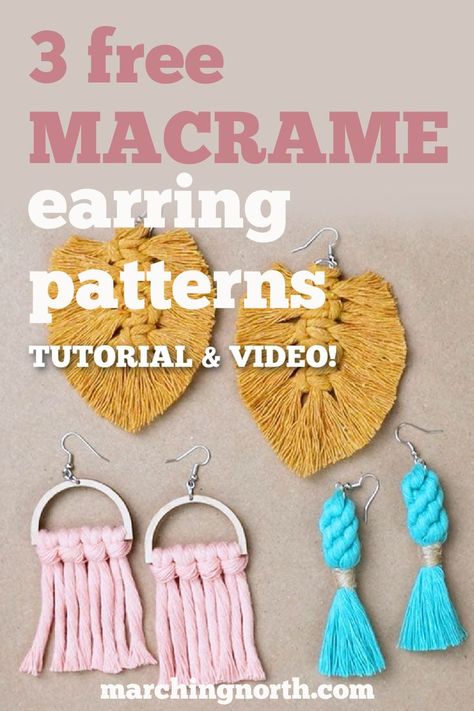 Three pairs of macrame earrings on a brown table. Diy Yarn Earrings, Earring Design Ideas, Macrame Projects Ideas, Macrame Items, Craft Nights, Macrame For Beginners, Yarn Earrings, Macrame Earrings Tutorial, Jewelry Tutorials Free