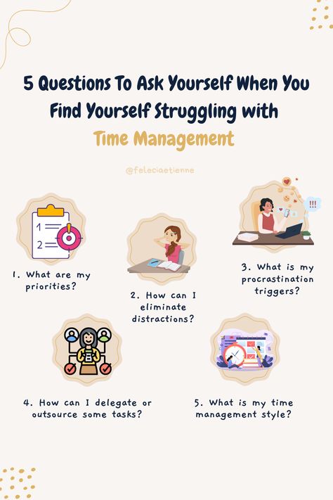 You're juggling a lot of balls, and you're feeling overwhelmed. You know you need to get your time under control, but you don't know where to start. Time management can be daunting, but it's not impossible. These five questions will help get you started on the right path. Time management | Time management tips | Time management strategies | Personal development | Personal development goals #productivity #time #strategies #tipsandhacks Tips For Time Management, Planning Tips Time Management, How To Time Management, Mind Management Not Time Management, Time Management Exercise, Manage Time Aesthetic, How To Manage Time Student, 8 8 8 Rule Time Table, How To Improve Time Management Skills