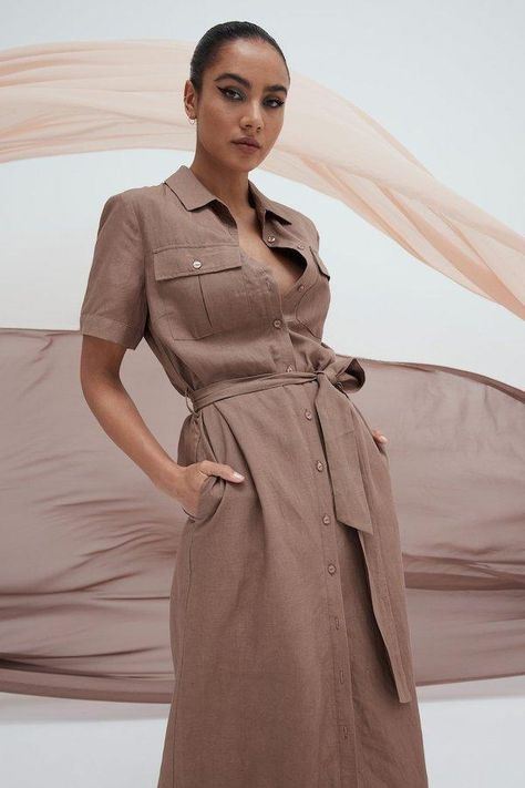 Nothing beats a classic and the latte shirt dress is as classic as they come. We have reimagined your favourite wardrobe staple with The Downtime Dress. This style is created with a soft linen blend fabrication, fully lined with a button through front. Easily dressed up or down for your next smart casual Summer event. Details & Care Collared neckline Button through front Short sleeve Patch pockets Belt loops Detachable belt Maxi length Composition: Main - 30% Linen 70% Tencel, Lining - 97% Polye Smart Casual Summer, T Length Dress, Safari Outfits, Western Dresses For Women, Dress For Petite Women, Shirt Dress Summer, Linen Dress Women, Smart Dress, Summer Linen Dresses