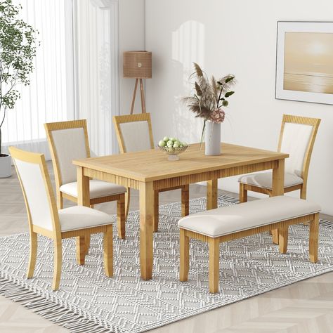 [6-piece Dining Table Set] This kitchen table set includes 1 rectangular table, 4 upholstered chairs, and 1 bench, providing seating for 6 people. The 60"x36" tabletop allows ample room for either family or friends to sit comfortably. Rustic Dining Table Set, Mdf Table, Solid Wood Kitchens, Solid Wood Dining Set, Dining Furniture Sets, Dining Room Table Set, Side Design, Kitchen Table Settings, Table Chairs