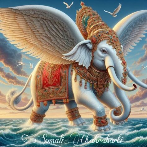 Indian Ai art | Airavata, a white elephant is the mount of god Indra | Facebook Nature, Airavata Elephant, U Glass, Majestic Elephant, Elephant Trunk Up, Ganapati Decoration, Glass Painting Patterns, God Images, Ganesh Images