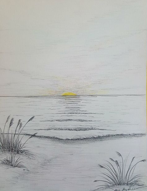 Beach Scene Drawing, Summer Drawing Ideas, Pencil Sketches Landscape, Sunrise Drawing, Beach Sketches, Sea Drawing, Landscape Pencil Drawings, Pen Art Work, Summer Drawings