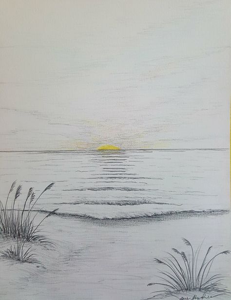 Beach Scenes Drawing, Simple Beach Drawings, Beach Scene Drawing, Summer Drawing Ideas, Pencil Sketches Landscape, Sunrise Drawing, Beach Sketches, Sea Drawing, Landscape Pencil Drawings