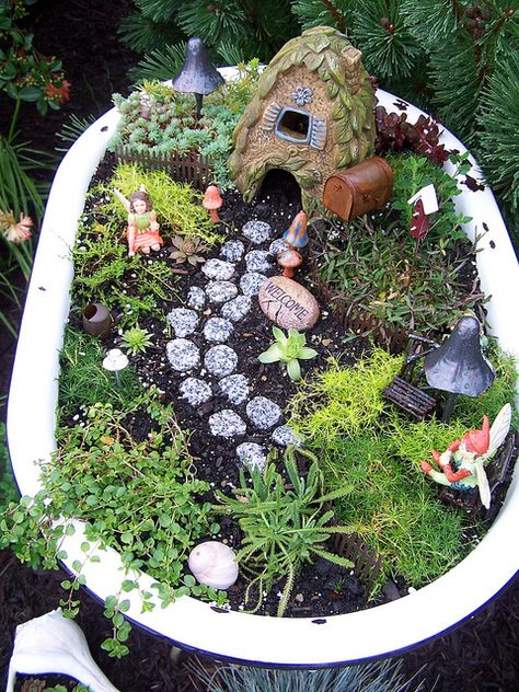 A different take on a raised bed and small-scale gardening.  "Large fairy garden by luvs2click, via Flickr" Fairy Garden Ideas Diy, Large Fairy Garden, Jardim Diy, Diy Dekor, Fairy Garden Designs, Faeries Gardens, Fairy Garden Houses, Garden Terrarium, Diy Fairy