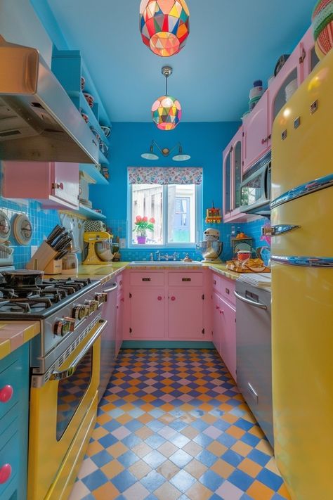 17 Funky Kitchen Ideas You Will Love! - My Decor Inspo Funky Kitchen Ideas, Checkered Floor Kitchen, Purple Cabinets, Funky Kitchen, Indian Bedroom Decor, Retro Appliances, Architecture Bathroom, Victorian Kitchen, Vintage Appliances