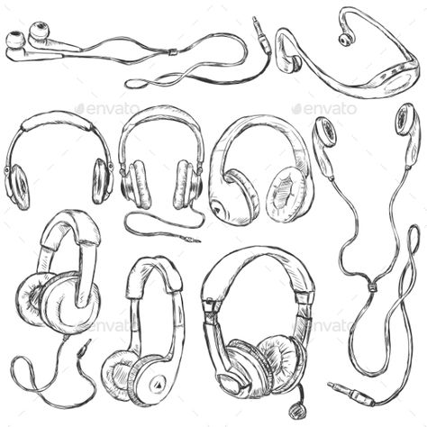 Someone With Headphones On Drawing, Sketch Of Headphones, Headphones Poses Drawing, Headphone Poses Reference, Headphone Sketch Drawings, Cute Headphones Drawing, Head Phones Reference, Taking Off Headphones Reference, Types Of Headphones