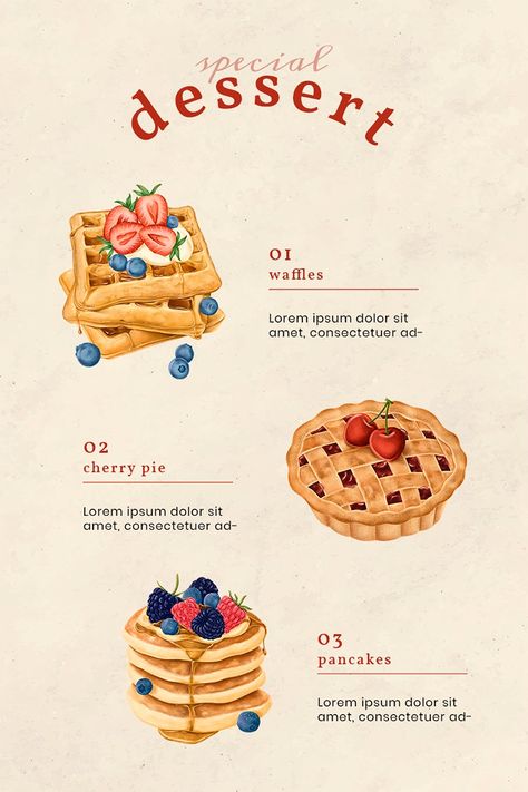 Essen, Menu Design Dessert, Sweet Menu Design, Waffle Menu Design, Menu Illustration Design, Cake Menu Design Ideas, Dessert Menu Design Ideas, Special Menu Design, Menu Infographic