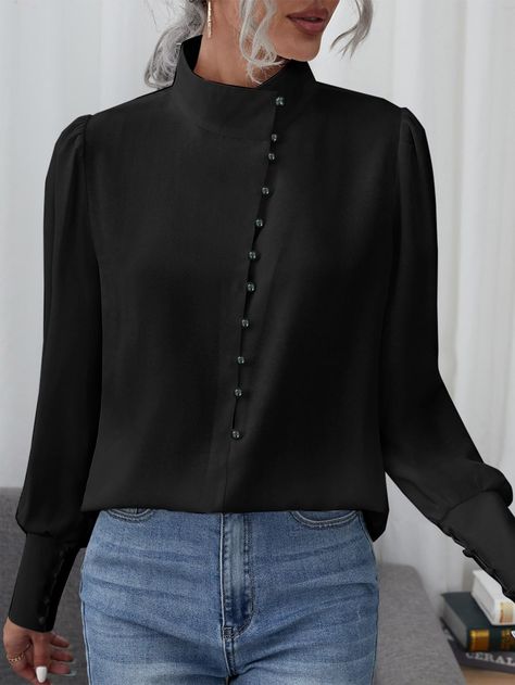 Black Elegant  Long Sleeve Polyester Plain Top Embellished Non-Stretch Spring/Fall Women Tops, Blouses & Tee Casual Summer Outfits, Shomiz Blouses, Stand Neck, Lantern Sleeved Blouses, Book Clothes, Mock Neck Blouse, Summer Dress Outfits, Lantern Sleeve, Dressy Casual