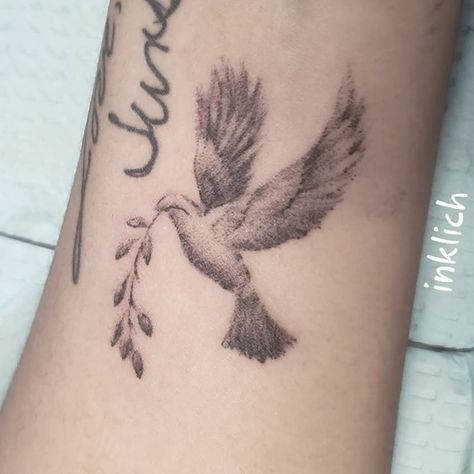 Flying Dove Tattoo Design, Colored Dove Tattoo, Female Dove Tattoos, Greek Dove Tattoo, Dove Spine Tattoo, Dove With An Olive Branch Tattoo, Dove And Flowers Tattoo, Dove Holding Olive Branch, Dove Shoulder Tattoos For Women