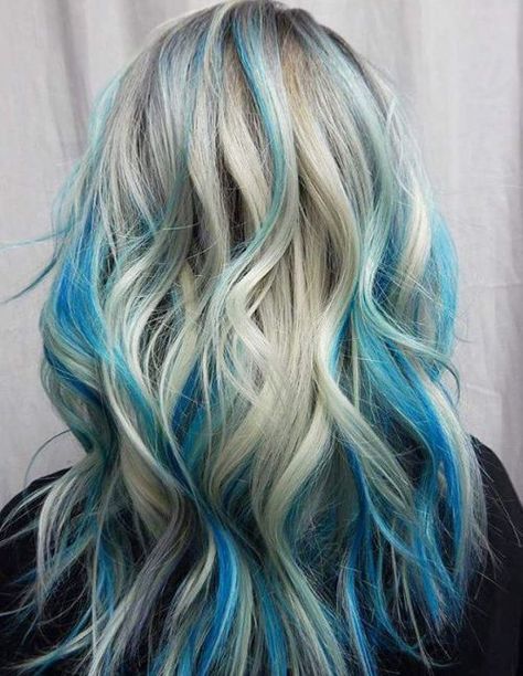 long blonde hair with pastel blue highlights Ombre Hair Colour, Pastel Hair, Blonde With Pink And Blue Highlights, Blonde Hair With Blue Highlights, Blonde And Blue Hair, Blue Hair Highlights, Blue Ombre Hair, Blue Highlights, Hair Color Blue