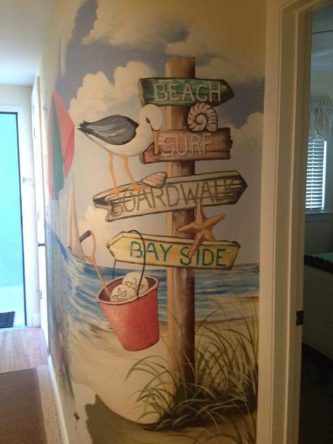 Beach Mural Painted, City Murals, Ocean Mural, Beach Wall Murals, Beach Mural, Window Mural, Wall Murals Diy, Curved Wall, Garden Mural