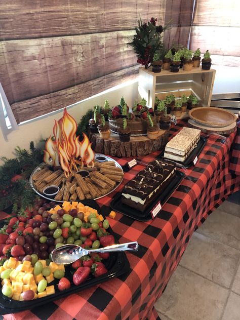 Outside Camping Birthday Party Ideas, Campout Themed Birthday Party, Lumber Jack Party Food Ideas, Cabin Theme Party Ideas, Campfire Themed Birthday Party, Christmas Campout Ideas, Camp Theme Charcuterie Board, Flannel And Fire Party, S’more Birthday Theme