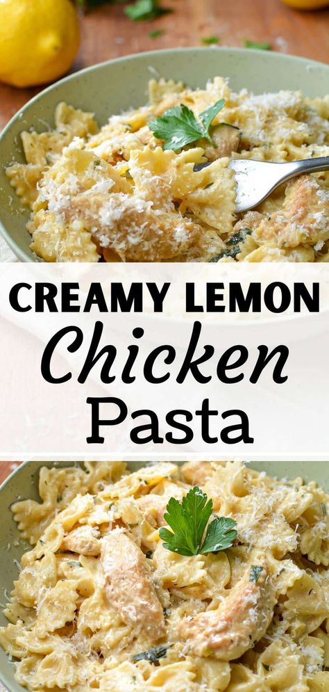 This creamy lemon chicken pasta is filled with lemon and garlic flavor, and the creaminess of heavy cream and butter. This easy chicken pasta recipe is nice enough for a dinner party, but also works as a delicious weeknight dinner idea. If you're looking for a bowtie pasta recipe (farfalle), or just an easy way to make a skillet pasta recipe, this is one delicious dinner idea you have to try! The perfect Winter or Spring pasta dish to celebrate seasonal citrus. Chicken And Farfalle Recipe, Essen, Chicken Pasta With Bowtie Noodles, Light And Healthy Pasta Recipes, Lemon Bow Tie Pasta, Creamy Butter Chicken Pasta, Chicken Butter Pasta, Healthy Farfalle Pasta Recipes, Lemon Garlic Pasta With Chicken