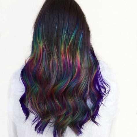 Red Hair Ideas With Other Colors, Dark Holographic Hair, Oil Spill Hair Brunettes, Red Rainbow Hair, Rainbow Hair Underneath, Prism Hair Color, Rainbow Underneath Hair, Pop Of Color Hair, Peacock Hair Color