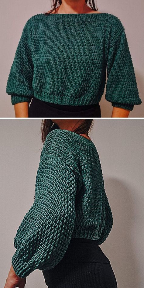 A woman wearing a vibrant green crochet sweater. Crochet Winter Jumper, Sweater Crochet Invierno, Free Crochet Sweater Patterns, Crochet Overalls, Crochet Sweater Patterns, Crochet Jumper Pattern, Free Crochet Sweater, Crochet Valentine Patterns, Crochet Long Sleeve Tops