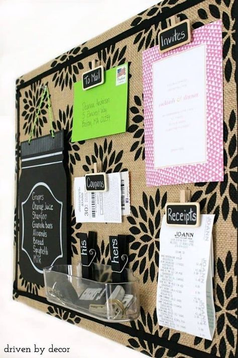 22 Exceptional DIY Bulletin Board Ideas to Revamp Your Home Office Organisation, Cool Bulletin Boards, Burlap Bulletin Boards, Office Bulletin Boards, Diy Bulletin Board, Diy School Organization, Room Organization Diy, Driven By Decor, Desk Organization Diy