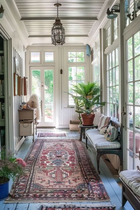 Cozy Small Home Aesthetic, Solarium Room Ideas, Colorful Sunroom Ideas, Brick Wall Sunroom, All Season Room Decorating Ideas, Retreat Room Ideas, Sunroom Entryway Ideas, Mediterranean Sunroom, Florida Room Ideas Sunrooms