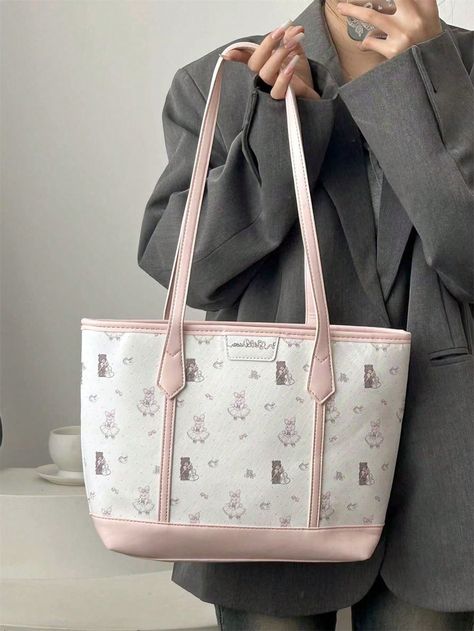 Girl\ Heart Rabbit And Bear Cartoon Printed Tote Bag, Cute Large Capacity Bag For Students And CommutersI discovered amazing products on SHEIN.com, come check them out! Shein Tote Bags, Cartoon Plants, Bag Cute, Bear Cartoon, Cartoon Print, Square Bag, Printed Tote Bags, Shoulder Bag Women, Luggage Bags