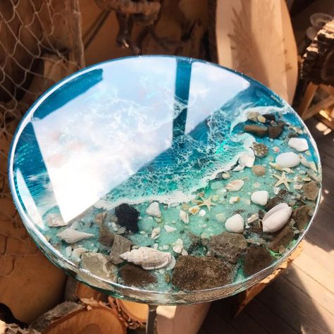 Coffee Table Resin Epoxy, Epoxy Beach Table, Seashell Resin Table, Small Resin Table, Beach Resin Table, Ocean Resin Table, Diy Resin Coffee Table, Guest Bathroom Ideas Paint, Resin Round Table