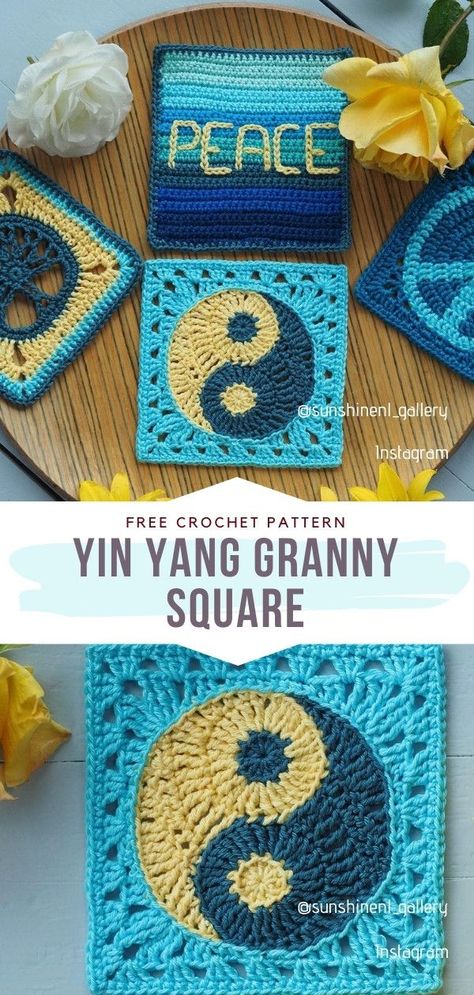 Crochet Granny Square Cool Granny Squares Crochet, Fun Easy Granny Squares, Granny Square Decoration, Moon Crochet Square Pattern, Modern Granny Square Crochet Free, Granny Square Symbol Pattern, Crochet Peace Sign Granny Square, Trendy Granny Square, Funky Granny Square Patterns