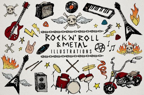 Rock 'n' Roll & Metal Illustrations by Lemonade Pixel on Creative Market Band Posters, Music Clip Art, Guitar Clipart, Rock N’roll, Music Clips, Heavy Metal Music, Art Diary, Heavy Metal Bands, Metal Music