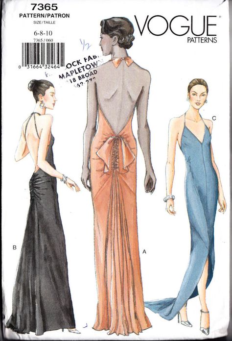 VOGUE Sew Pattern 7365 Evening Bias Gown Slip Dress   6-8-10 #VOGUE #SewingPattern Backless Dress Pattern, Gown Patterns, Evening Gown Pattern, Evening Dress Sewing Patterns, Bias Dress, Backless Evening Gowns, Evening Dress Patterns, Moda Retro, Vogue Dress