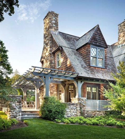 Mackin Architects has designed this beautiful Gambrel shingle-style home located in Greenwich, Connecticut. Whimsical Houses, Glass Porch, Gambrel Style, Shingle House, Shingle Style Homes, Shingle Exterior, Cottage Exterior, Cabins And Cottages, Cabin Fever