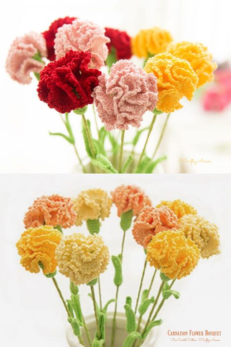 Beautiful Carnation Flower Free Crochet Pattern For Mother's Day - Craftsy Amore Amigurumi Patterns, Crochet Embroidery Flower, Dreamcatcher Crochet, Easy Crochet Flower, Crochet Flowers Easy, Crochet Flowers Free Pattern, Crochet Bouquet, Crotchet Patterns, Crochet Plant