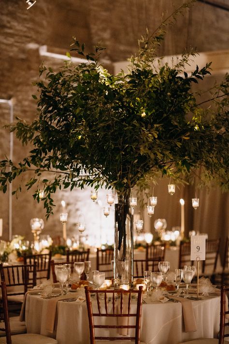 Tall green tree centerpieces with hanging candles for a summer wedding designed and created by Wild Stems at Front & Palmer in Philadelphia, PA. Venue is Front & Palmer. Catering by Feast Your Eyes. Lighting by Synergetic Sound, Inc. Photo by Julia Wade Photography. #weddingflorist #floraldesign #weddingcenterpiece #weddingflowers #philadelphiaweddings #philadelphiasummerwedding Floral Fairy Wedding, Alter Decor Wedding, Ceremony Arch Alternative, Circular Wedding Table Decor, Greenery Wedding Aisle, Tree Centerpieces Wedding, Tree Centrepiece Wedding, Atrium Wedding, Centrepiece Wedding