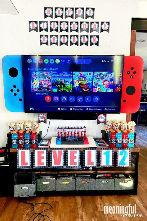 Switch Birthday Party Ideas, Nintendo Switch Birthday Party, Switch Birthday Party, Nintendo Switch Birthday Party Ideas, Nintendo Switch Birthday, Gamers Party Ideas, Nintendo Birthday Party, Boys 8th Birthday, Video Game Party Decorations